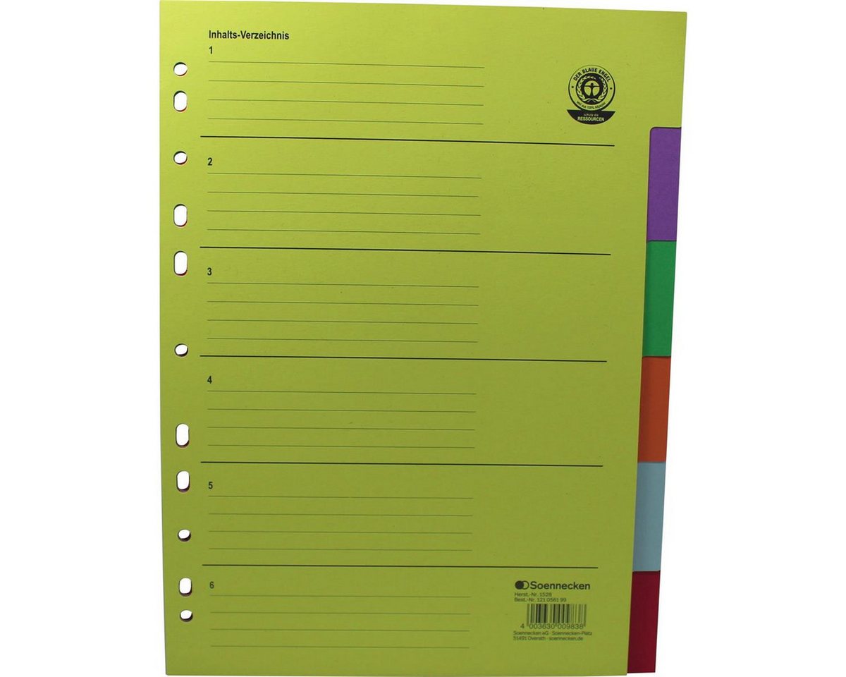 Soennecken Aktenordner Soennecken Register 1528 blanko 225x297cm volle Höhe RC Recyclingkarton farbig