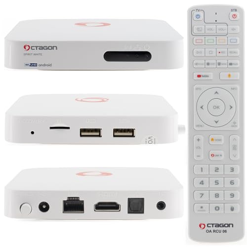 Octagon Spirit White 4K UHD Android TV Box, 32GB Flash, Dual Band WiFi, Bluetooth 5.1, Sprachsteuerung, HDR10+