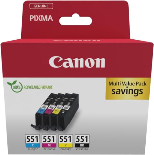 CANON CLI-551 Multipack, Original Tintenpatronen in Cyan, Magenta, Gelb und Schwarz mit ChromaLife100+ System