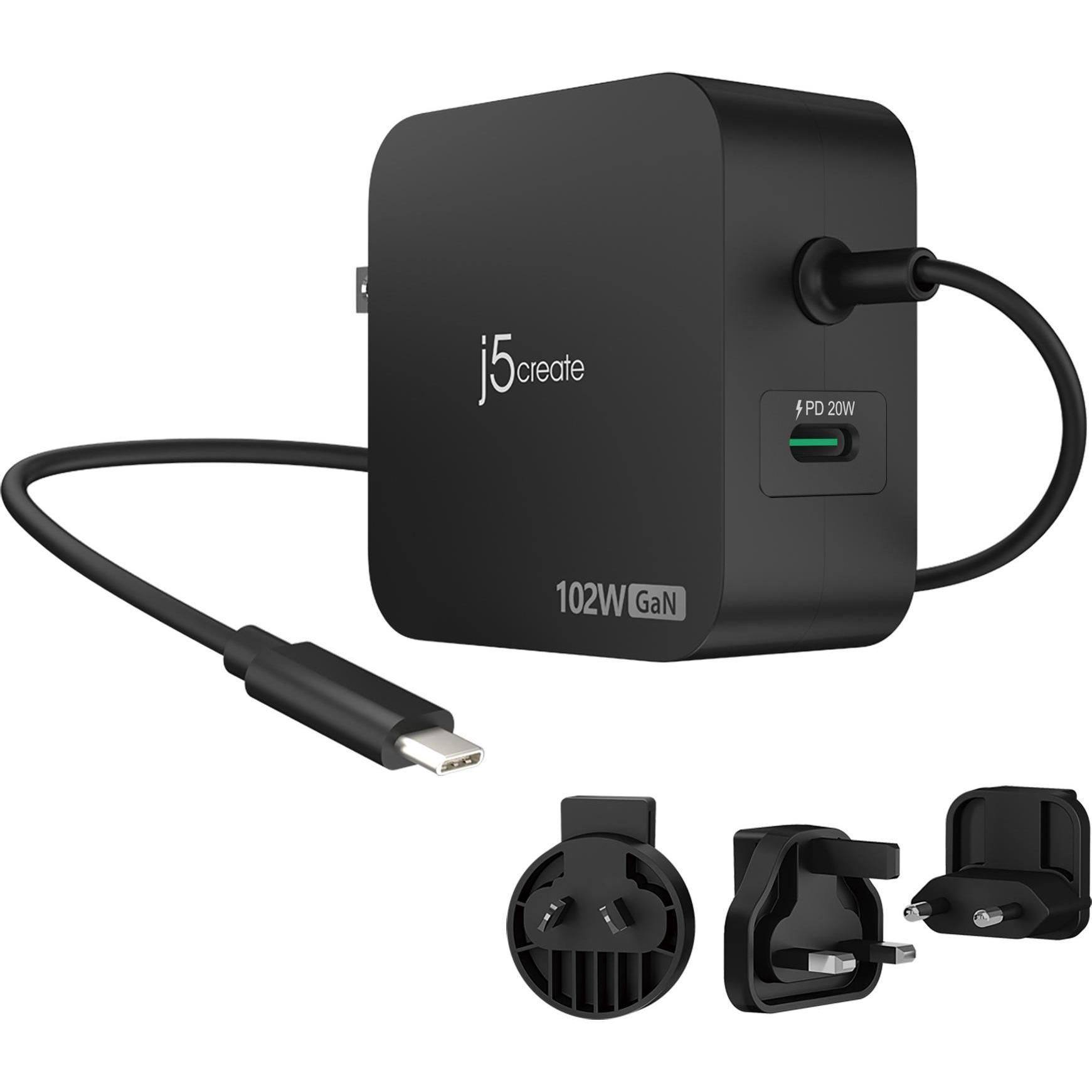 j5Create 102-Watt GaN PD USB-C Reiseladegerät mit 2 Anschlüssen und austauschbaren Netzsteckern, schwarz