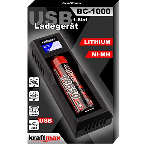 kraftmax BC-1000 USB-C Akku Ladegerät, Schnell Ladegerät für Li-Ion, Ni-MH & Ni-CD, mit intelligenter LED-Anzeige und automatischer Akku-Erkennung, kompatibel mit AA/AAA/C/18650/26650/14500/16340/21700 von verschiedenen Herstellern