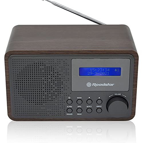 Roadstar HRA-700D+/WD Tragbares Radio Vintage Digital Dab/Dab+ / FM Funktioniert mit Netzwerk oder Batterien, Kopfhöreranschluss, Retro-Radio für Zuhause und Küche, Wecker mit Dual-Alarm, Holz
