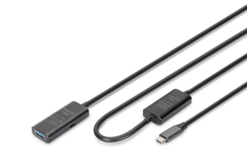 DIGITUS Aktives USB Verlängerungskabel - USB-A Buchse zu USB-C Stecker - 10 m - USB 3.2 Gen1-5 Gbit/s - Plug & Play - mit Signalverstärker - Schwarz