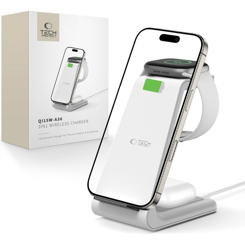 Tech-Protect QI15W-A36 3in1 Wireless Charger für Apple, Ladegerät für iOS-Geräte, Weiß (18W), USB-C, faltbares Design