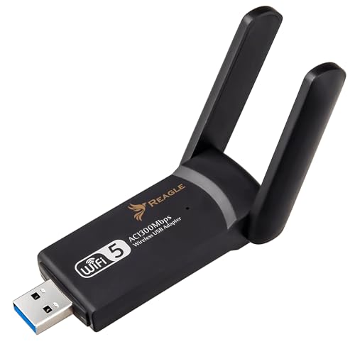 Reagle USB-A WLAN Adapter - 1300 Mbps, Dualband 2.4GHz/5GHz WiFi Dongle, 802.11ac, High Gain 2X 5dBi Antennen, PC & Laptop Netzwerk Adapter, Kompatibel mit Windows/Mac/Linux