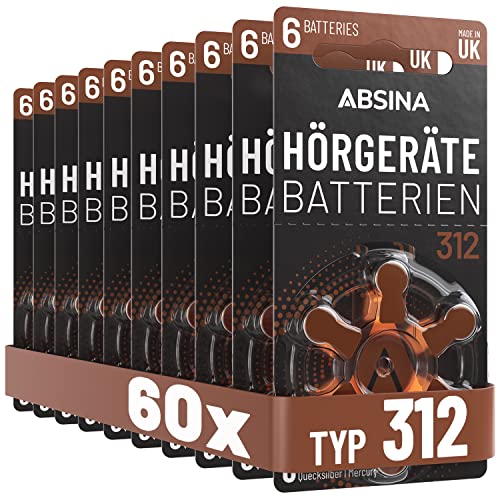 ABSINA Hörgerätebatterien 312 60 Stück - Braun - Zink Luft mit 1,45V - PR41 ZL3 P312