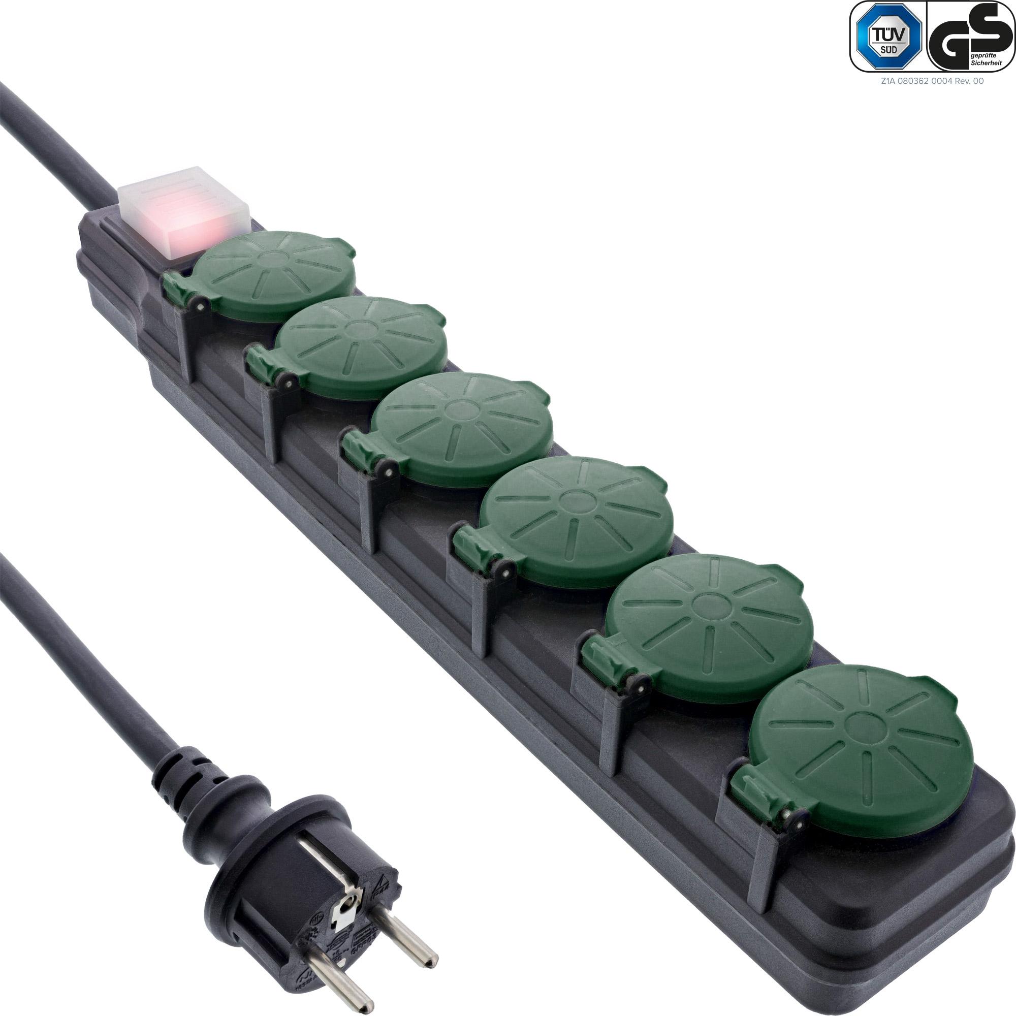 InLine Outdoor-Steckdosenleiste, 6-fach, spritzwassergeschützt IP44, 10m, schwarz/grün