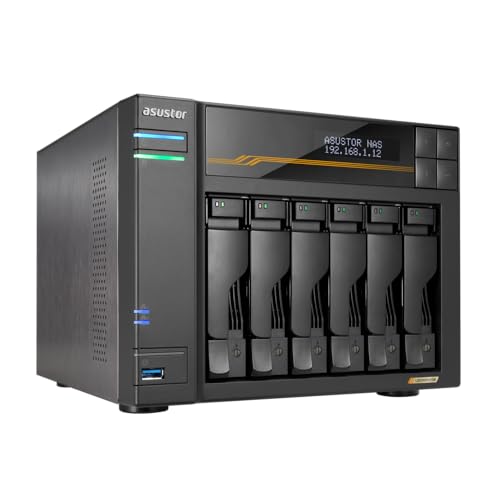 Asustor Lockerstor 6 Gen3 AS6806T 6 Bay NAS Netzwerkspeicher, AMD Ryzen Quad-Core 2.3 GHz, 16GB RAM ECC DDR5, 4 M.2 NVMe Slots, Dual 5GbE & Dual 10GbE Port, USB4 Type-C, Network Attached Storage