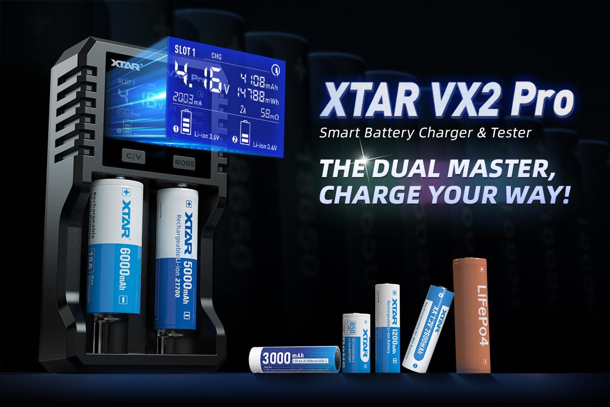 XTAR VX2 Pro, Akku-Ladegerät für Li-Ionen, LiFePO4 und NiMH, USB-C, bis zu 2A pro Schacht, kompaktes Design