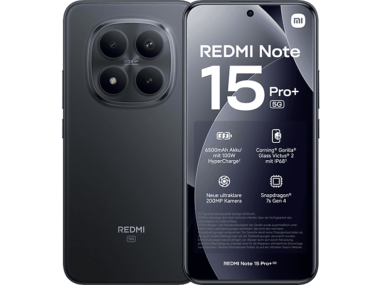 XIAOMI REDMI Note 15 Pro+ 5G, Smartphone mit 256 GB Speicher, Schwarz, Dual SIM