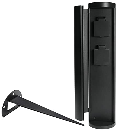 Grafner Edelstahl Gartensteckdose, 2-Fach mit Erdspieß und Tür, 3600 Watt, schwarz, Wetterfest, IP44, Pulverbeschichtet, Höhe 39,5 cm