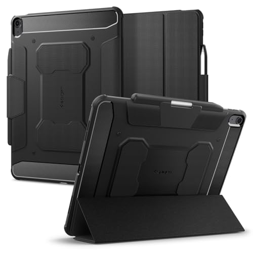 Spigen Rugged Armor Pro Hülle für iPad Air 13 Zoll 1.Generation (2024) - Schwarz, mit Stifthalter, Auto Schlaf/Wach Funktion, stoßfeste Schutzhülle, veganem Veloleder