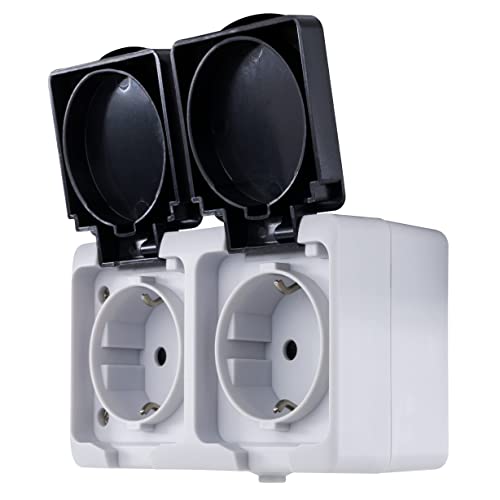 REV AquaMini, Doppelsteckdose-Feuchtraumsteckdose mit 35% weniger Volumen, IP54, 16A, Aufputz, grau