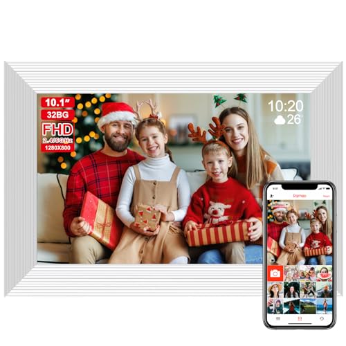 QCREA Frameo Digitaler Bilderrahmen WLAN, 10.1 Zoll IPS Touchscreen mit 1280x800 HD-Auflösung, 32GB Speicher, automatische Rotation, wandmontagefähig, weiß