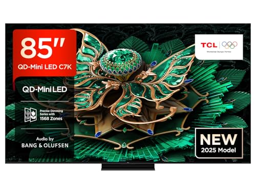TCL 85C7K, 85 Zoll QD-Mini LED Fernseher, 4K HDR Premium 3000, Smart Google TV mit 144Hz Motion Clarity Pro, Dolby Vision IQ & Atmos, CrystGlow HVA Panel, Audio von Bang & Olufsen, Game Master