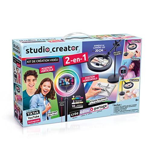 Canal Toys Creator-Studio 2-in-1 Videoleuchte, mehrfarbiger LED-Ring mit 12 Modi, verstellbares Stativ, inklusive Hintergründe und Schreibtischunterlage, INF 027