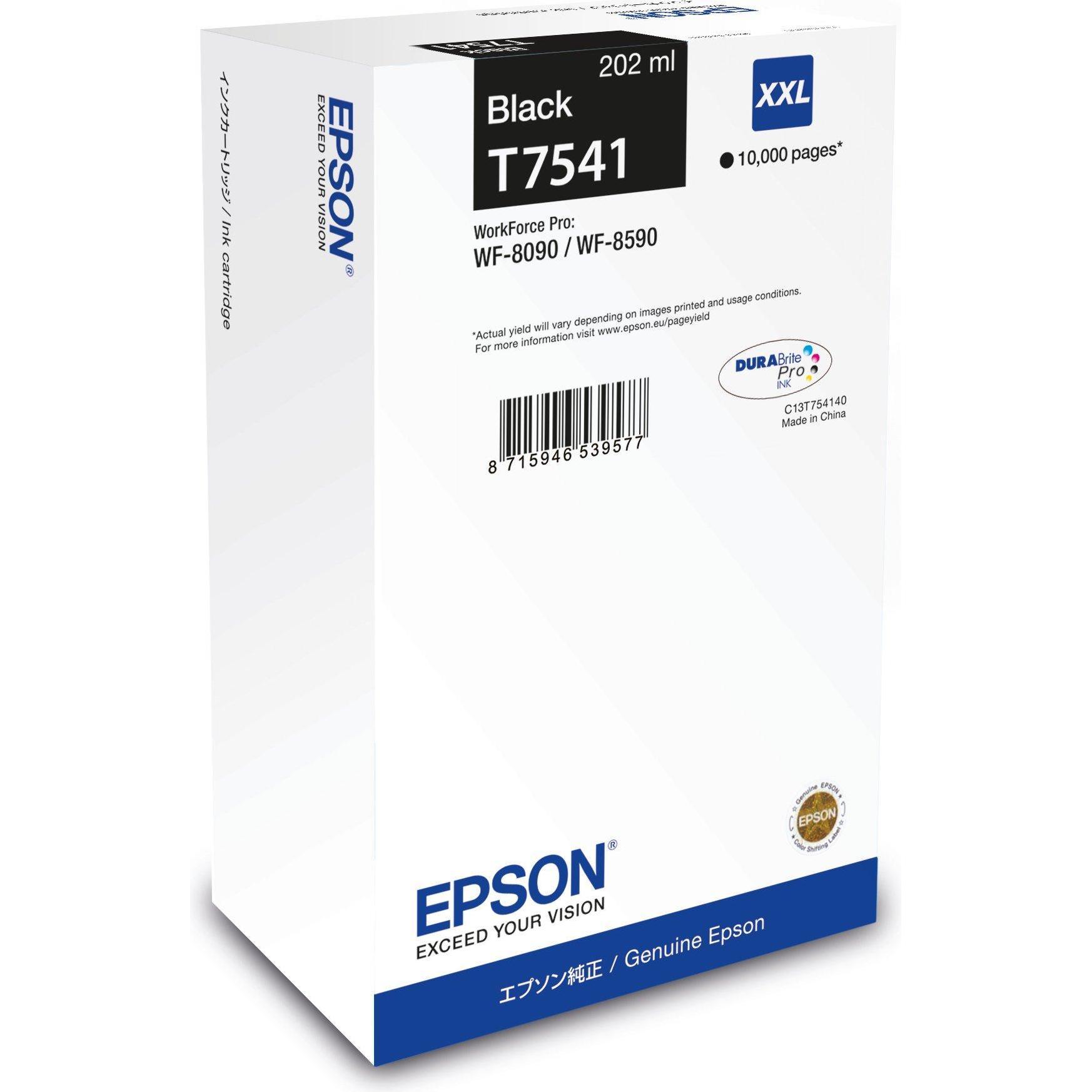 Epson T7541, Druckerpatrone schwarz, 202 ml, kompatibel mit WF Pro 8090/8590, hohe Ergiebigkeit bis 10.000 Seiten, originale DURABrite Pro Technologie