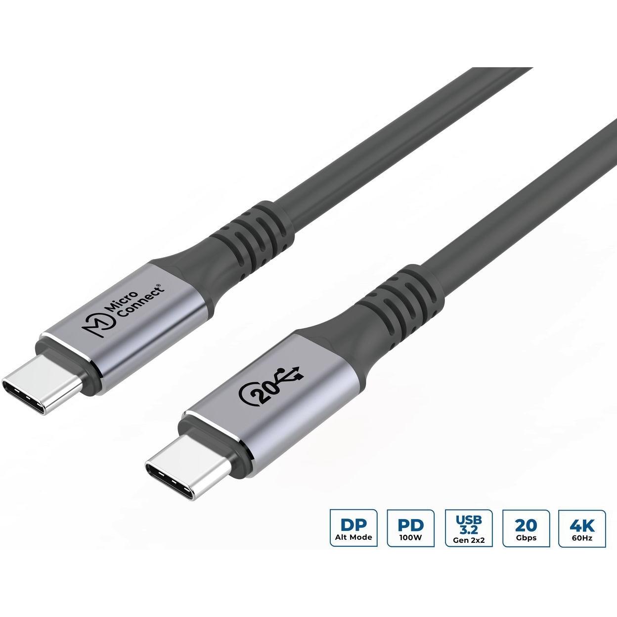 MicroConnect Premium USB-C 3.2 Gen 2x2, USB-Kabel mit 20 Gbps, 100 W Power Delivery, Ultra HD 4K Unterstützung