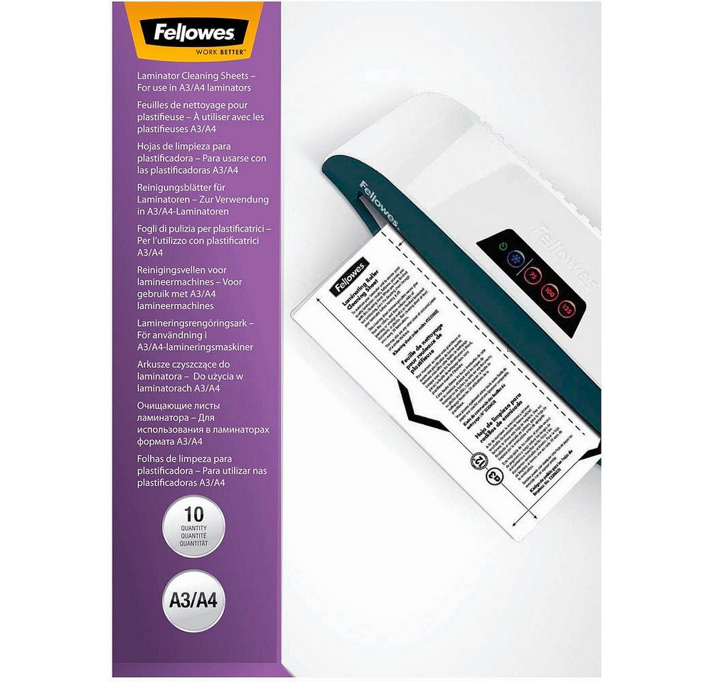FELLOWES Drucker- und Kopierpapier 10 Reinigungsblätter oder Carrier für Laminiergeräte DIN A4, ideal zur Entfernung von Staub & Schmutz, FELLOWES