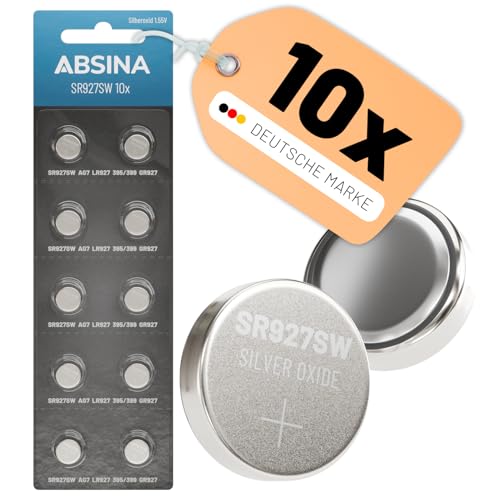 ABSINA SR 927 SW Uhren Knopfzelle 1,55V Silberoxid 10er Pack - Lange Haltbarkeit & auslaufsicher - Knopfzelle 395, Silber