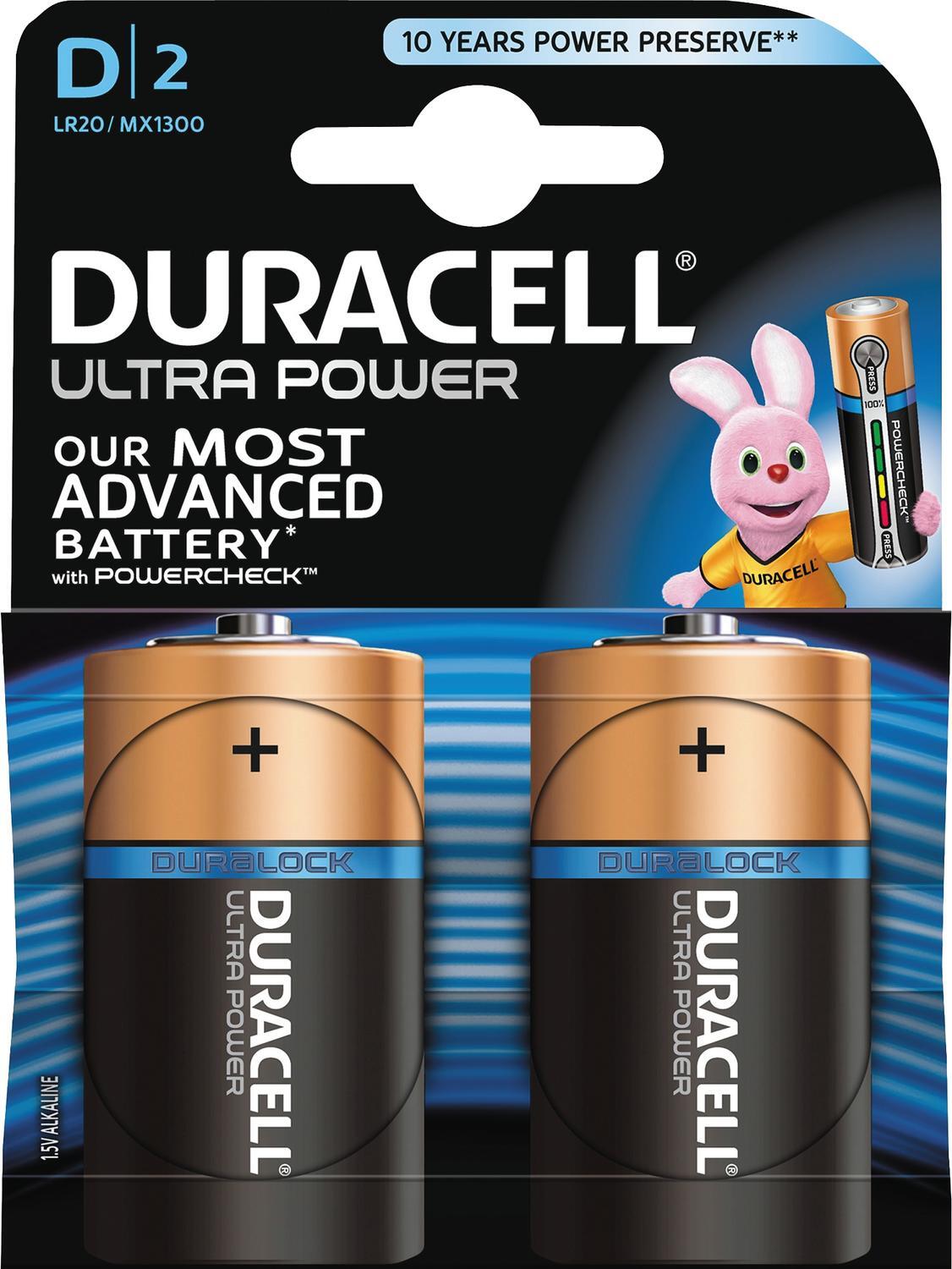 Duracell ULTRA POWER Mono D Batterie (LR20), 2er Pack, 1,5 Volt mit Energieanzeige und langer Lebensdauer