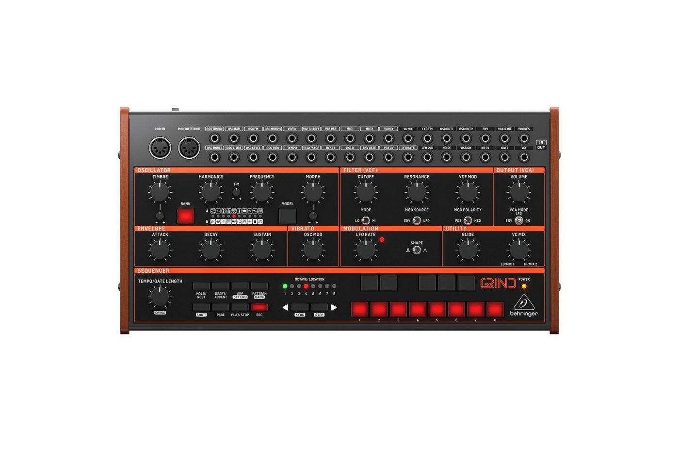 Behringer Grind, Hybrid Synthesizer mit 24 Synthese-Algorithmen, analogem 24dB Filter und 32-Schritt Stepsequencer