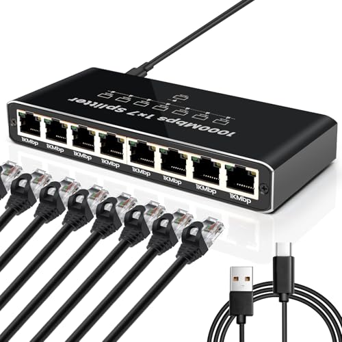 Bundviel LAN Splitter 1 auf 7 Gigabit Ethernet Switch 1000Mbps, RJ45 Netzwerk Verteiler mit USB-C Stromversorgung, ideal für Router, Computer, IPTV, Smart-Kameras und mehr