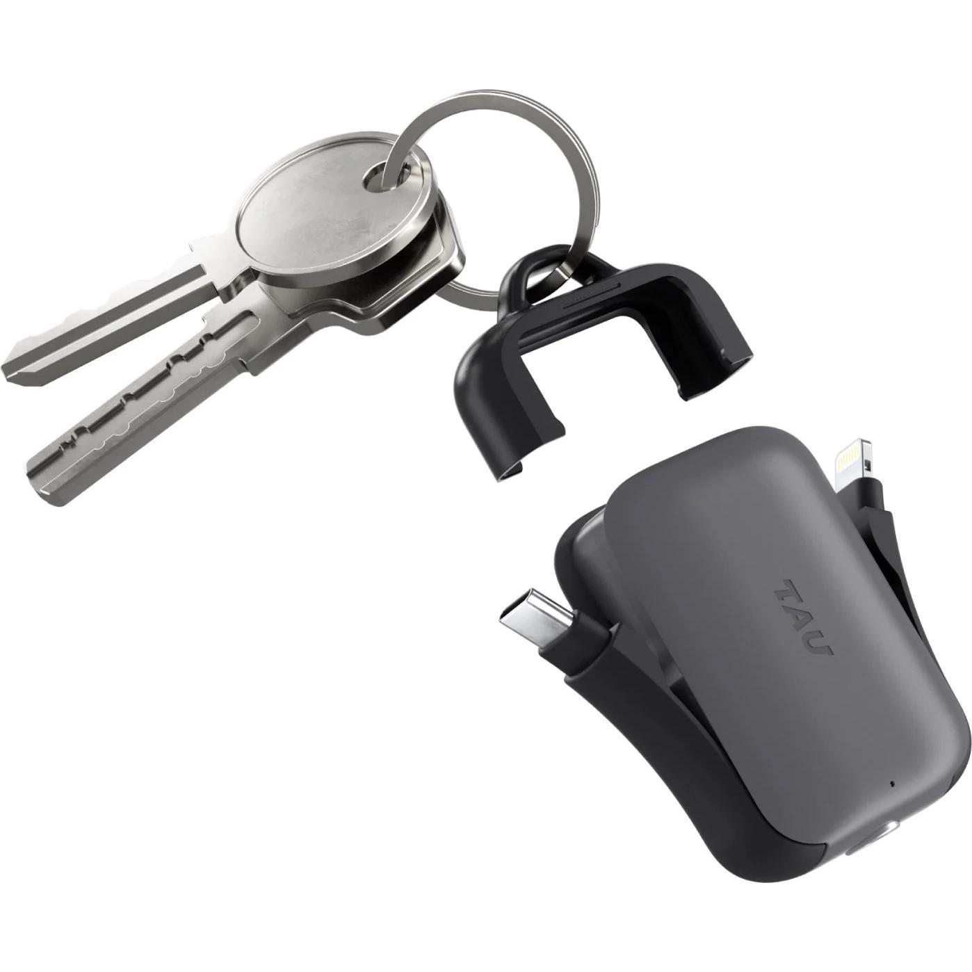 Rolling Square TAU 2 Schlüsselbund-Powerbank, 2000 mAh mit USB-C, Lightning und MicroUSB, Schwarz