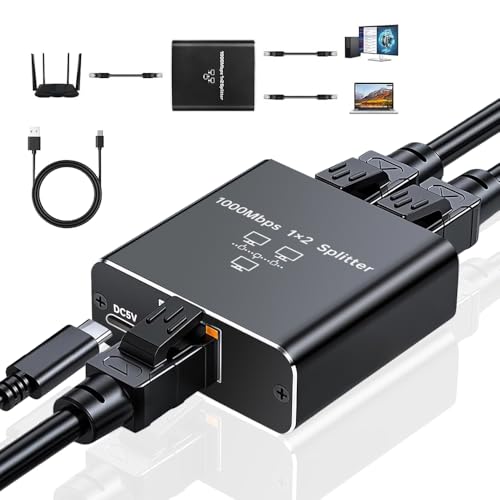 Bundviel LAN Splitter 1 auf 2 Gigabit Ethernet Switch, 2-Port Verteiler für Computer und Laptop, 1000Mbps, RJ45, Type-C
