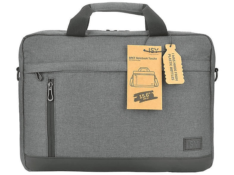 ISY INB 2156-1-GY Notebooktasche Umhängetasche aus recyceltem PET, Grau, mit gepolstertem Hauptfach und verstellbarem Schultergurt