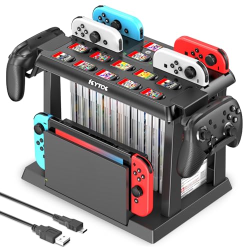 Kytok Switch Spiele Aufbewahrung mit Joy-Con Ladestation, 28 Spielkarten und TV-Dock für Switch/OLED, Schwarz