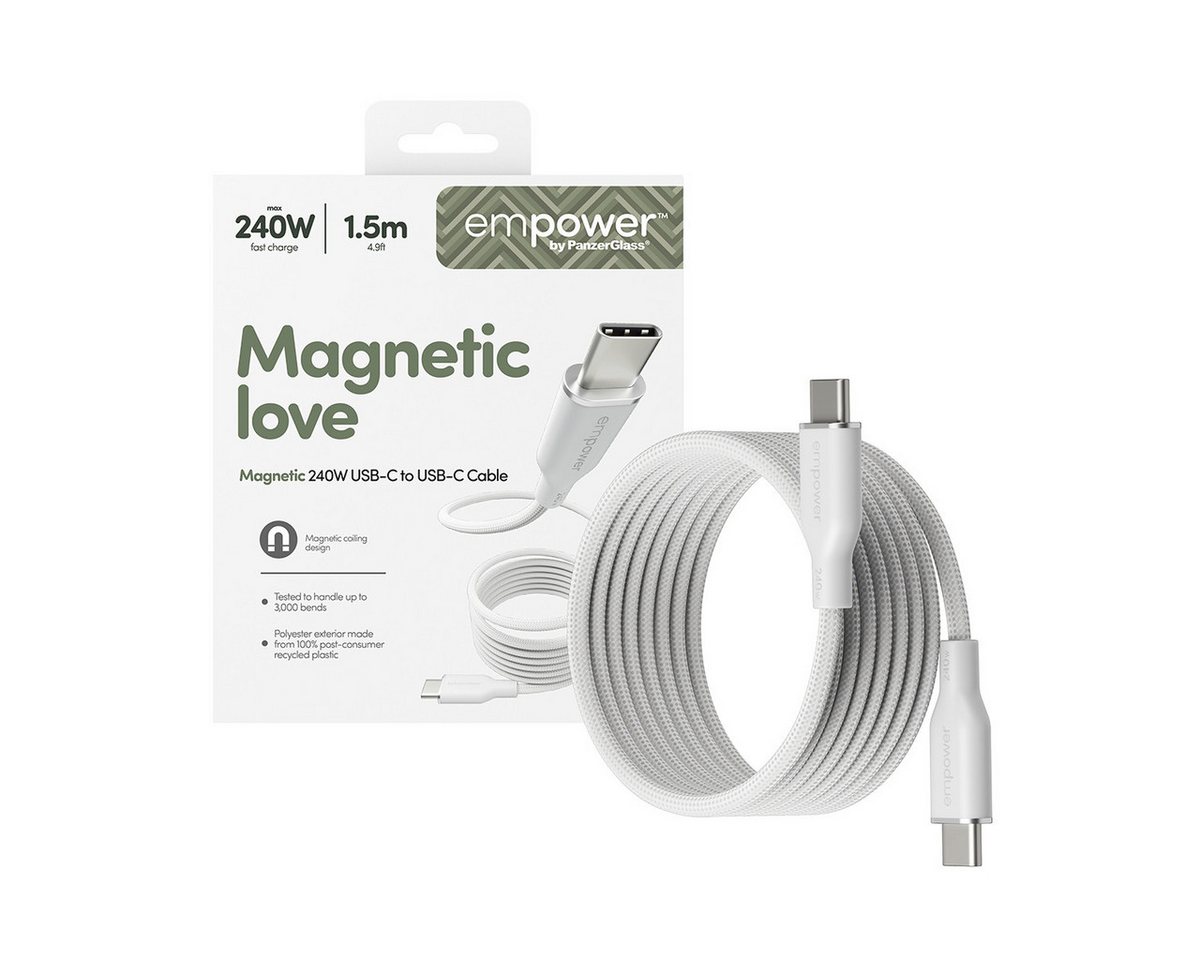 empower by PanzerGlass Magnetic USB-C zu USB-C Kabel 240W, 1,5 m, geflochtenes Design, schnell und umweltfreundlich (recycelter Kunststoff)