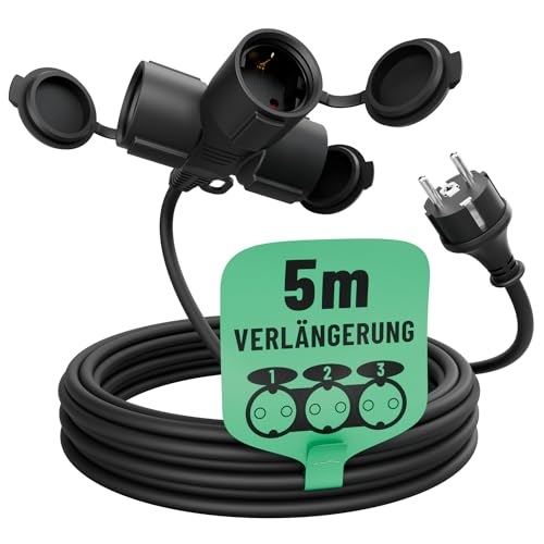 greate 3fach Verlängerungskabel außen 5 Meter - Wasserdicht IP44 - Outdoor Extension Cord 3500W - Schwarz
