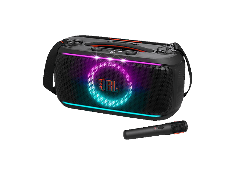 JBL PartyBox On The Go 2, Bluetooth Party Lautsprecher mit 15 Stunden Akkulaufzeit, kabellosem Mikrofon und IPX4 Spritzwasserschutz, Schwarz