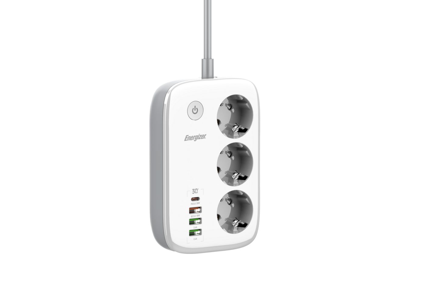 Energizer WLAN-Steckdosenleiste EPB2500W02EU, 3-fach mit 4x USB, PD30W Schnellladefunktion, 2500 W, WLAN-App-Steuerung, Überspannungsschutz, flammhemmendes Design