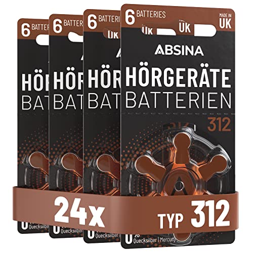 ABSINA Hörgerätebatterien 312, 24 Stück Zink-Luft mit 1,45V, Braun, gut greifbare Schutzfolie, langanhaltend und kompatibel mit PR41 ZL3 P312