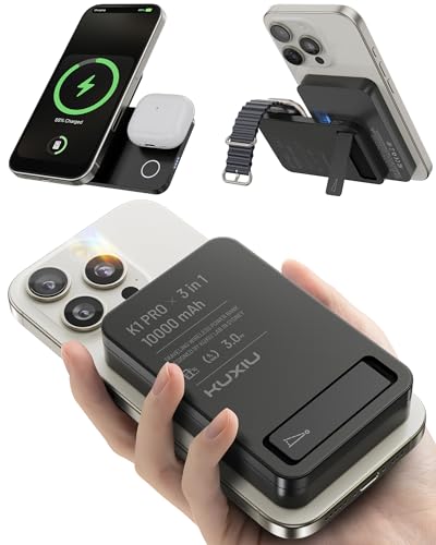 KU XIU Powerbank für Magsafe, 10.000mAh 3-in-1 Wireless Ladestation, 15W Faltbare Magnetische Power Bank, PD 20W Schnellladen für iPhone 16/15, Apple Watch, AirPods, kompakt und reisetauglich