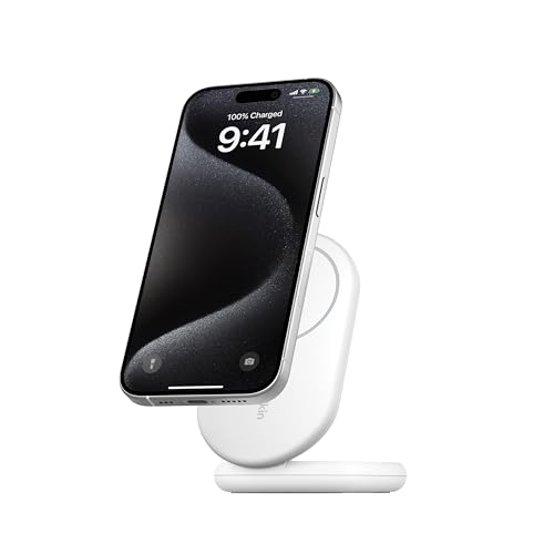 Belkin BoostCharge magnetisches einklappbares kabelloses Ladegerät Qi2, 15 W, MagSafe-kompatibles Schnellladegerät, geeignet für iPhone-Serie 16, 15, 14, 13, 12 und Standy-Modus, Netzteil - Weiß