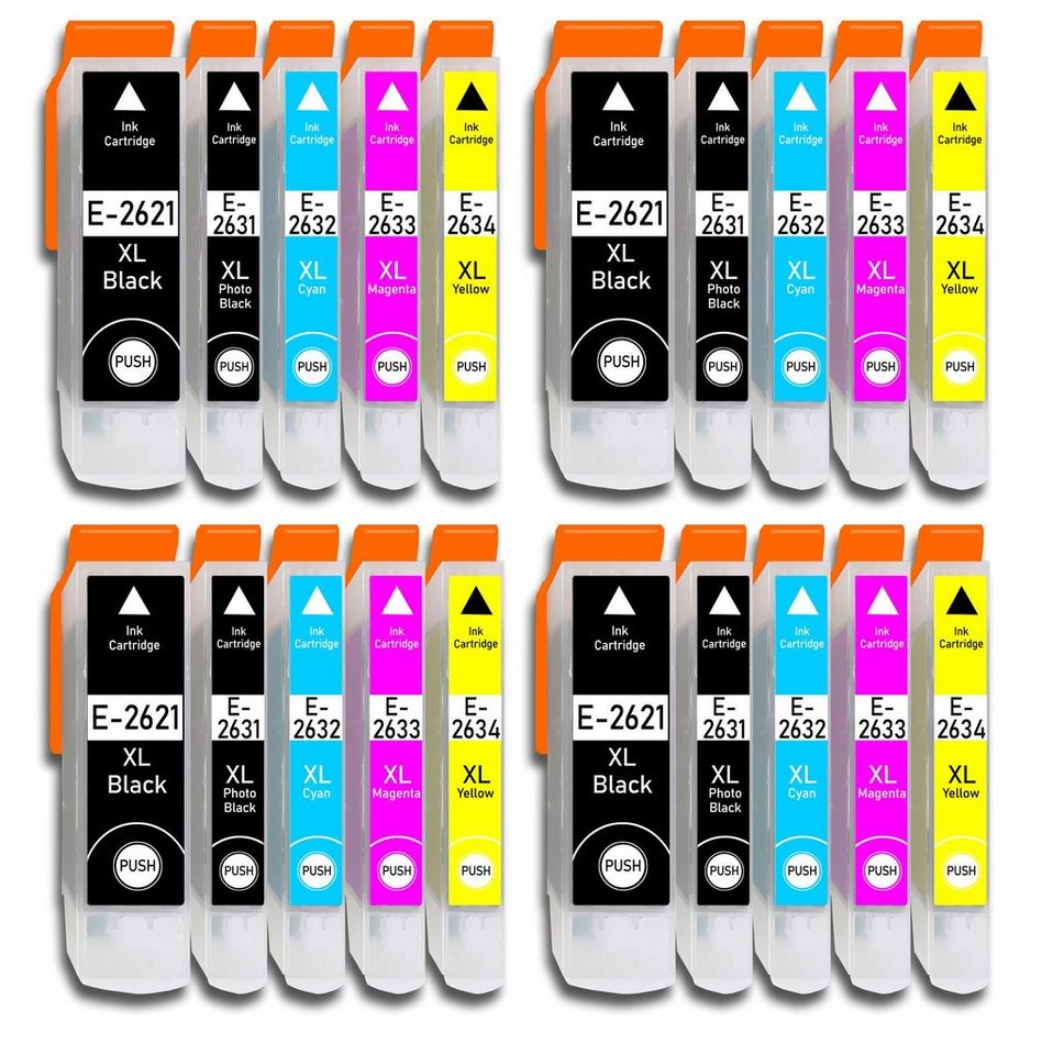 Druckerparadies 20er Multipack für Epson 26XL Tintenpatronen Set Tintenpatrone (20-tlg., für XP510 XP520 XP600 XP605 XP610 XP615 XP620 XP625 XP700 XP710 XP720) - Hochwertige alternative Patronen mit hoher Kapazität in Schwarz, Fotoschwarz, Cyan, Magenta und Gelb