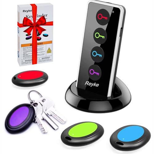 Reyke Schlüsselfinder Key Finder, Drahtloser RF-Gegenstandsfinder mit 4 Empfängern, LED-Taschenlampe und 80 dB Signalton, bis zu 40 m Reichweite