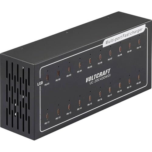 Voltcraft UC-20C400W01, USB Ladegerät mit 400 W, 20x USB-C® Anschluss, USB Power Delivery für Industrie und Werkstätten