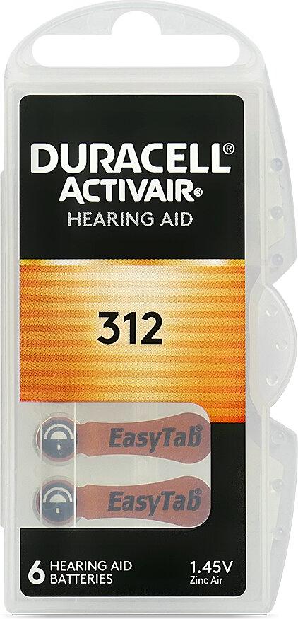 Duracell DA312 Hörgerätebatterie, Zink-Luft, 1,4 V, 6er Pack, mit EasyTap, braun