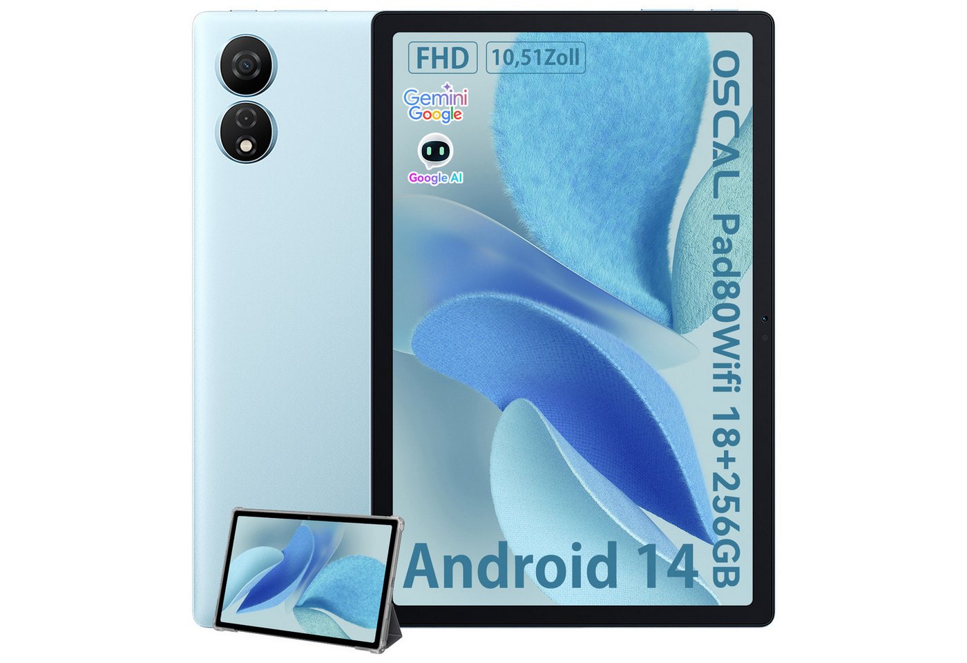 OSCAL Pad80Wifi Tablet inkl. Schutzhülle (256 GB, FHD+Display, Android 14, 8200mAh Akku, Gemini AI, 13MP Kamera) - Blau