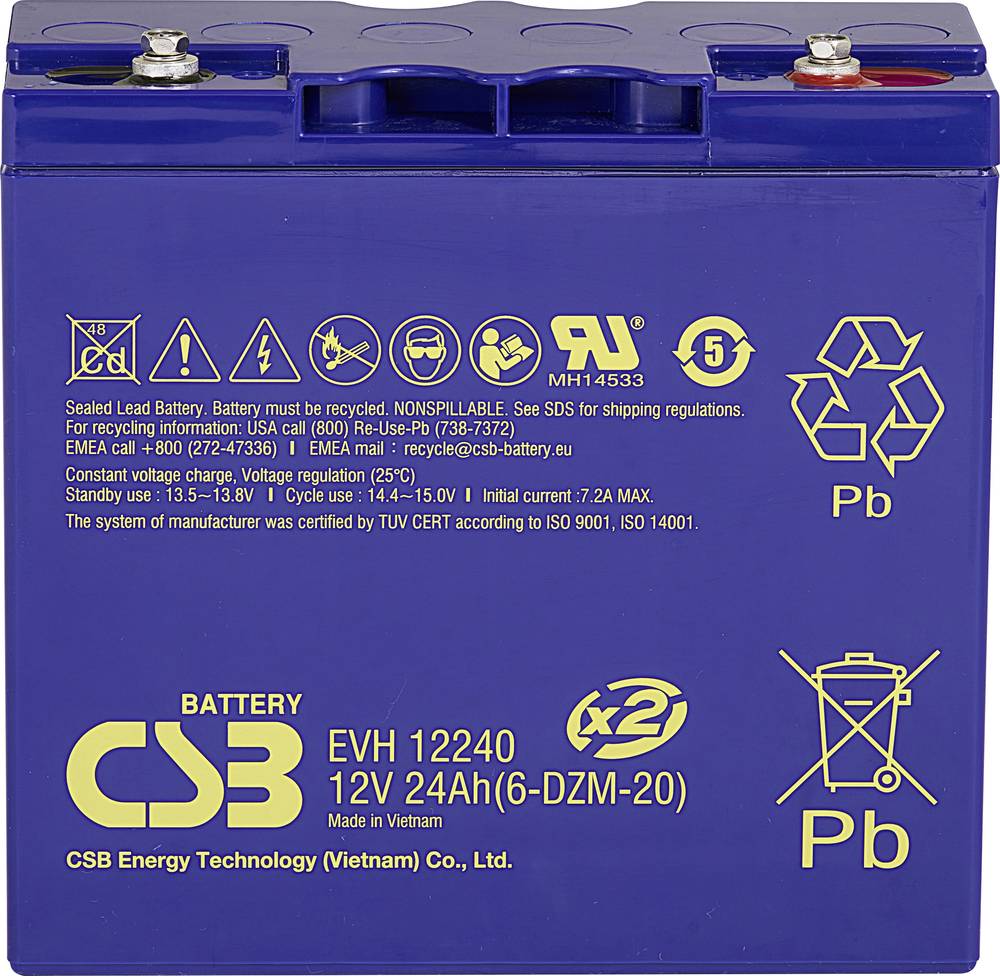 CSB Battery EVH 12240 Bleiakku 12V 24Ah AGM, zyklensicher, M5-Schraubanschluss, kompakt (181 x 170 x 76 mm)