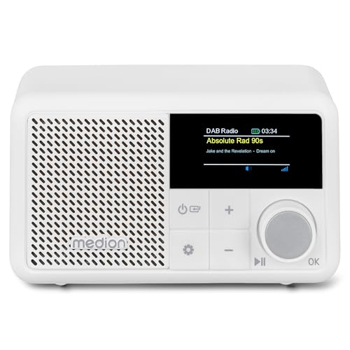 MEDION S66822 Tragbares Mini DAB+ Radio mit Bluetooth (Akku, dimmbares Farbdisplay, Teleskopantenne, Sleeptimer,Wecker, Snooze, AUX, USB-C) weiß