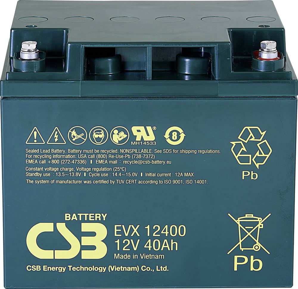 CSB Battery EVX 12400 Bleiakku 12V 40Ah AGM, zyklenfest, M5-Schraubanschluss, Maße 197 x 170 x 165mm