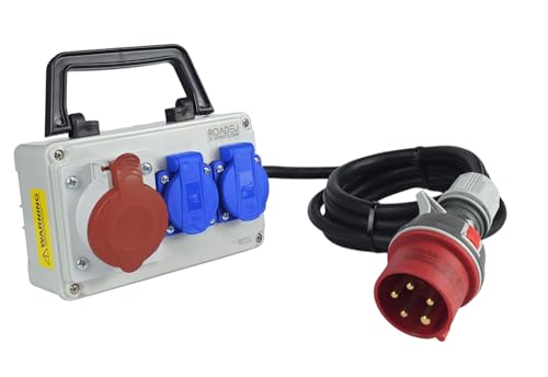 RoadEu CEE Steckdose 16A und 2x Schuko Verteiler - Stromverteiler 16A, Mobilverteiler - Stromkabel 5 meter, Baustromverteiler - blau