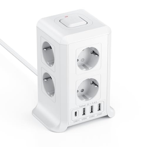 KEMELO 5M Verlängerungskabel, 12-in-1 Steckdosenleiste mit 8 Steckdosen, 3 USB-Anschlüssen und 1 USB-C, Überspannungsschutz und Schalter, platzsparendes Design für Zuhause und Büro