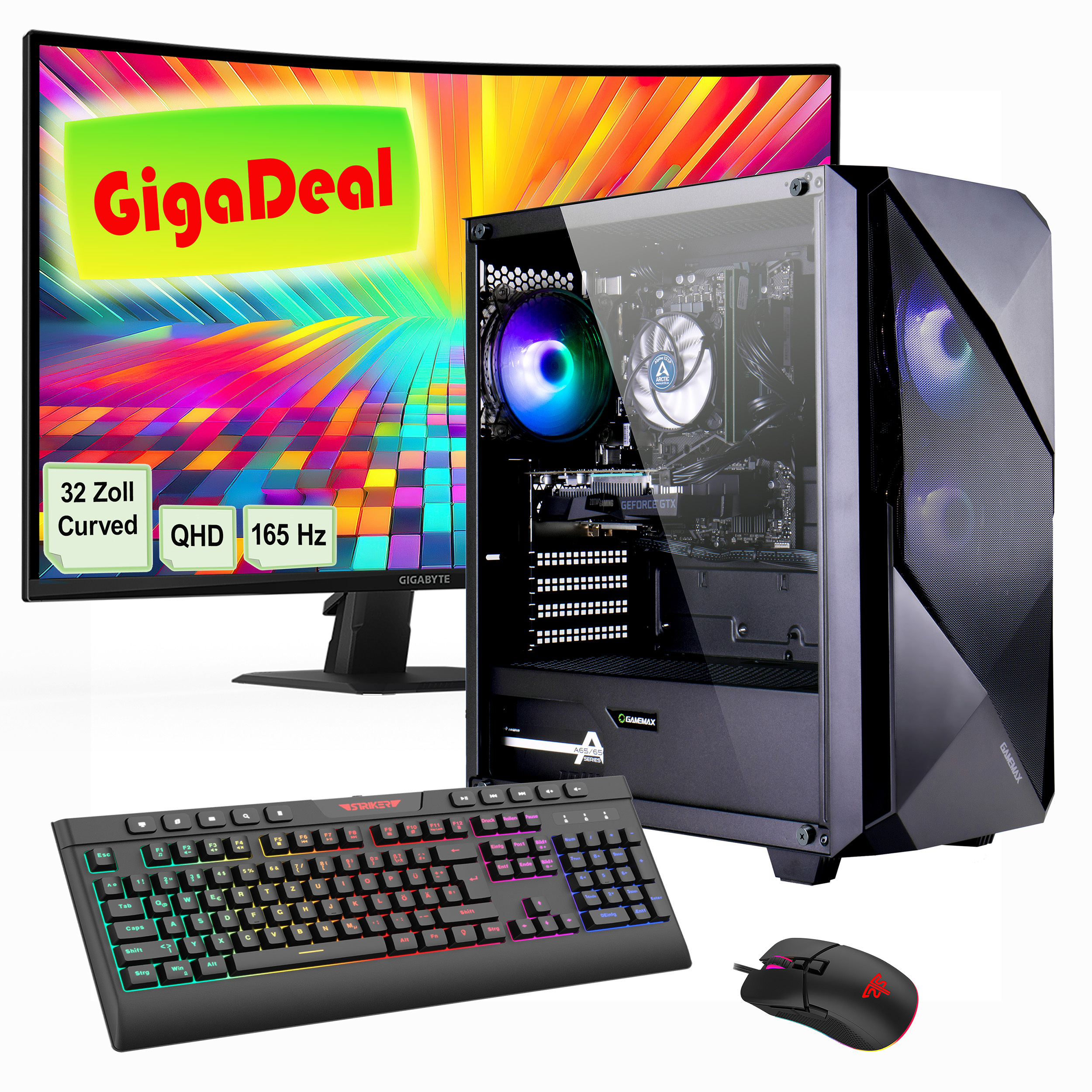 Hyrican GAMEMAX GigaDeal Striker SET2562 Gaming-PC mit Ryzen 7 9700X, 32GB DDR5, 1TB SSD, RTX 5060Ti (16GB), Gigabyte GS32QC Curved 32" Monitor, Tastatur und Maus
