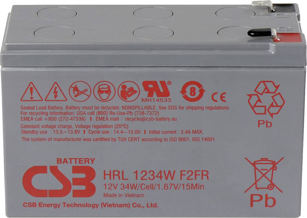 CSB Battery HRL 1234W, Hochleistungs-Bleiakku 12V 8.5Ah AGM für USV-Anlagen, Notfallbeleuchtung und Sicherheitssysteme, kompakte Größe (151 x 94 x 65mm)